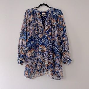 Chufy designer blue dot print lace up tie blouse top tunic medium